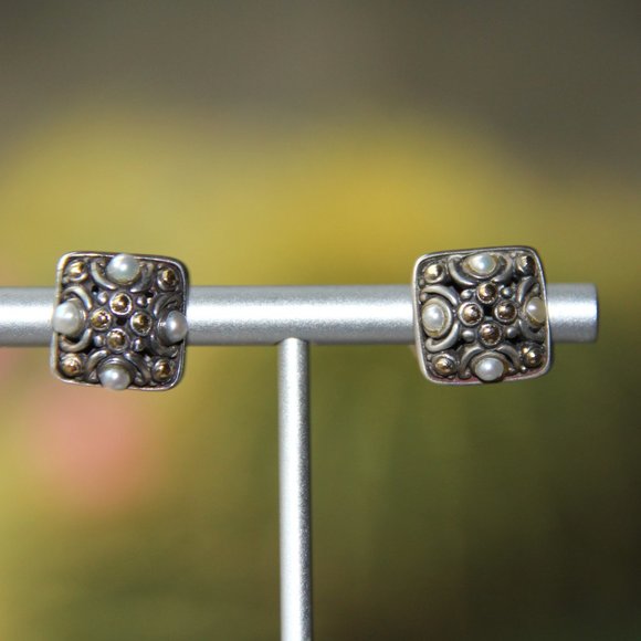 John Hardy Jaisalmer 18k Gold Sterling Silver Pearl Dot Square Earrings. RARE - Picture 5 of 12
